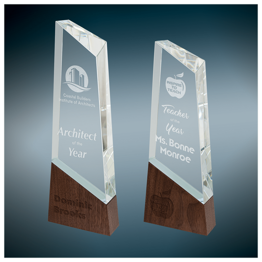 Corporate recognition awards including glass elegantly displayed to celebrate employee achievements.