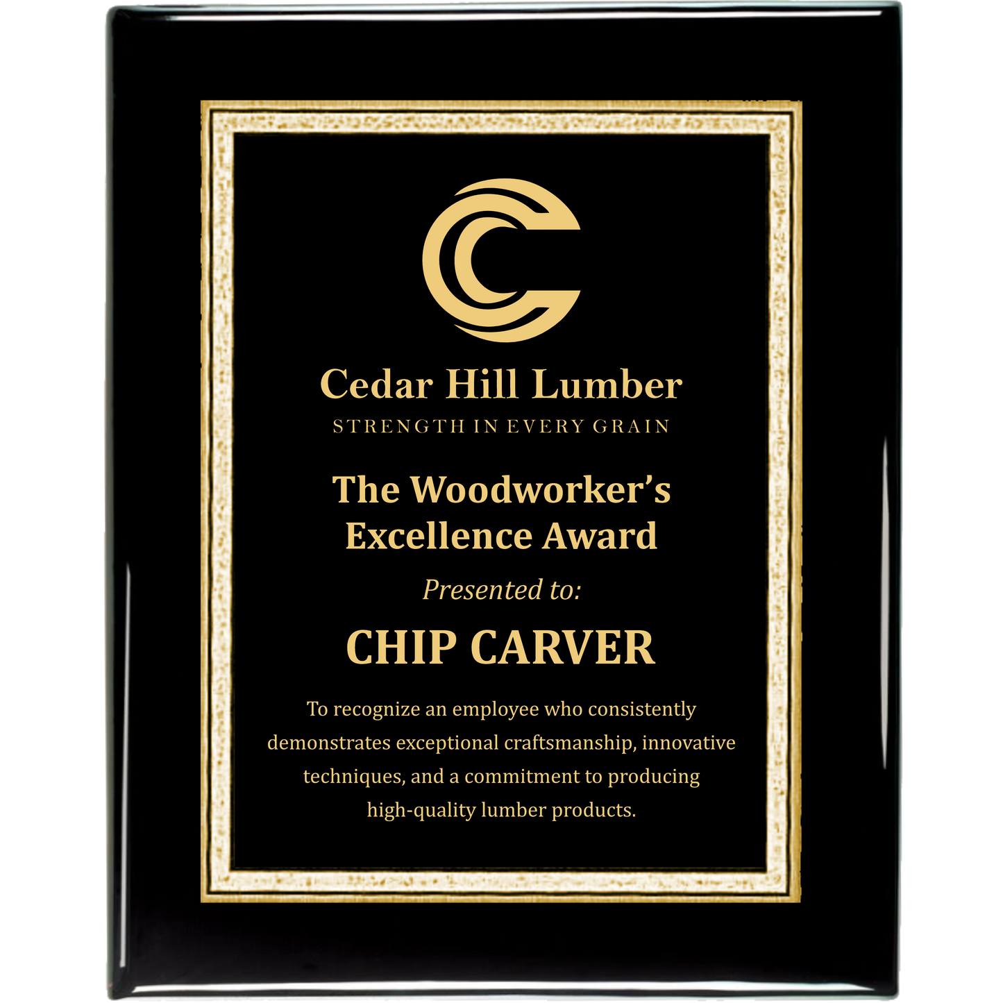 Black Piano Finish Plaque with Florentine Plate - Gold Engraving - Awards & More #