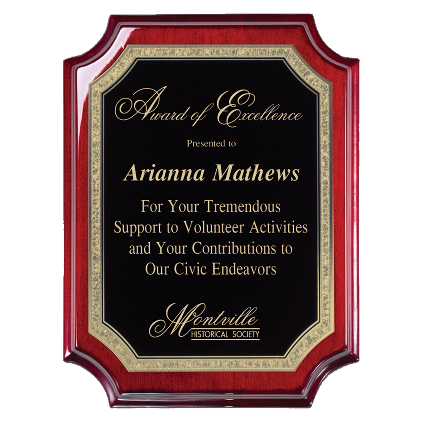 Rosewood Piano Finish Plaque with Concave Corners - Black Plate with Gold Engraving