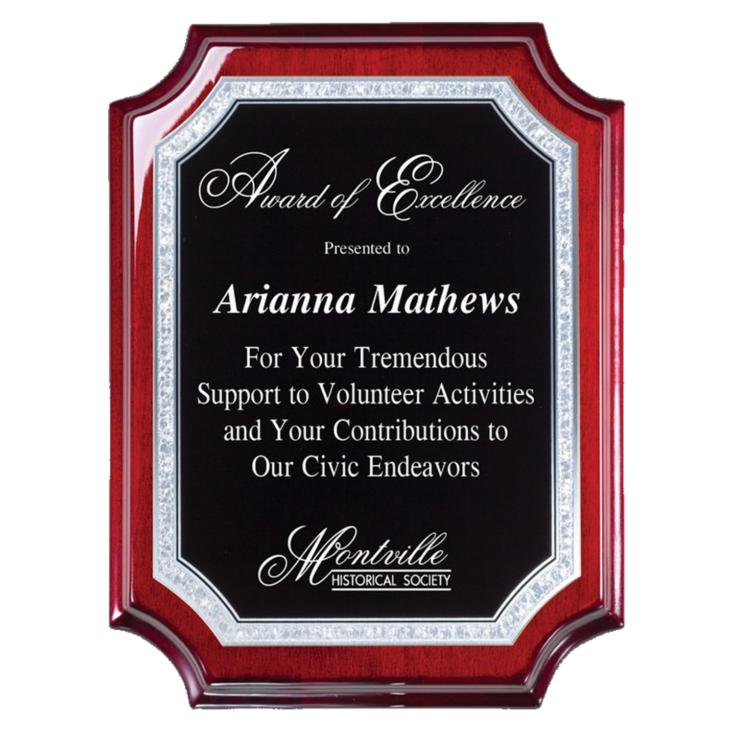 Rosewood Piano Finish Plaque with Concave Corners - Black Plate with Silver Engraving
