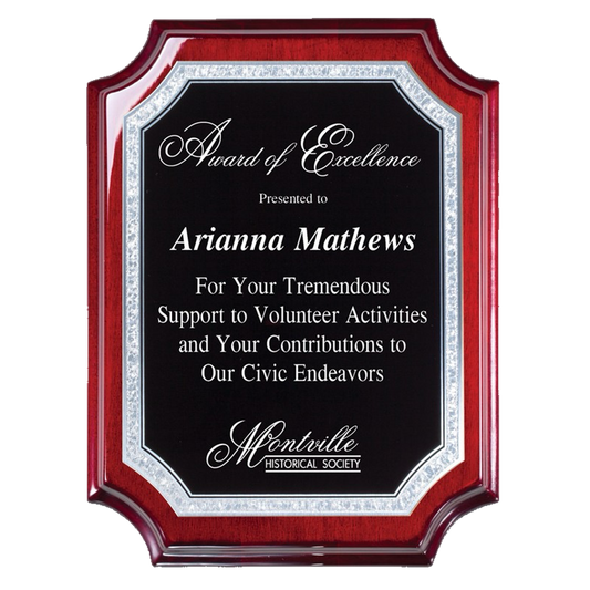 Rosewood Piano Finish Plaque with Concave Corners - Black Plate with Silver Engraving