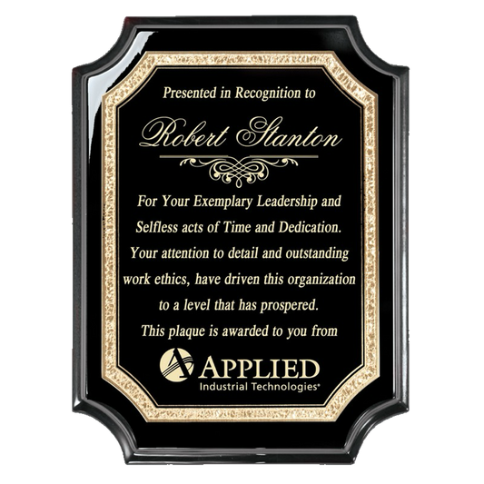 Black Piano Finish Plaque with Concave Corners - Black Plate with Gold Engraving