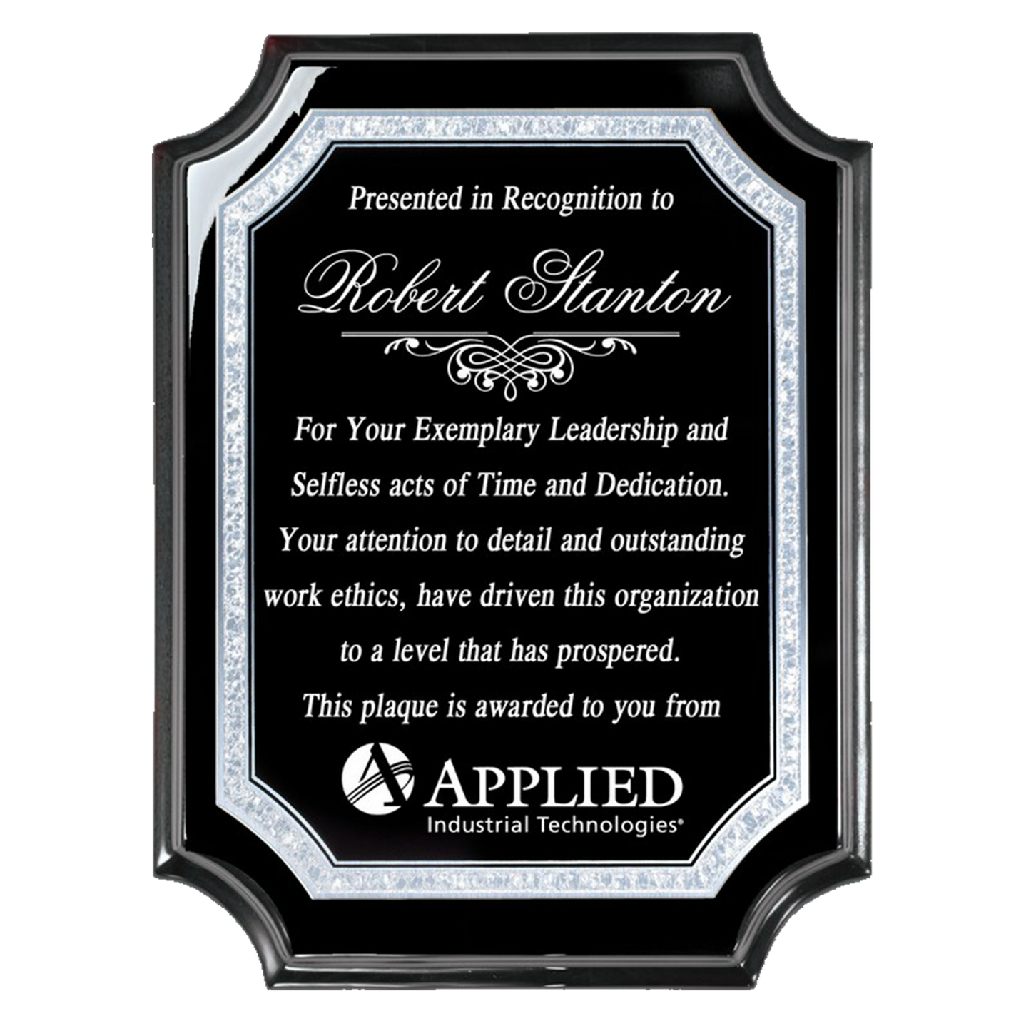 Black Piano Finish Plaque with Concave Corners - Black Plate with Silver Engraving