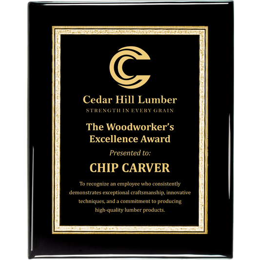 Black Piano Finish Plaque with Florentine Plate - Gold Engraving - Awards & More #